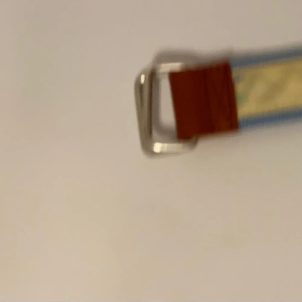 J. McLAUGHLIN BELT GOLF FLAG BLUE WEBBING YELLOW RIBBON BROWN LEATHER SIZE S USA